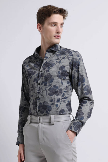 Contemporary Printed Cotton Blend Shirt Grey Blue