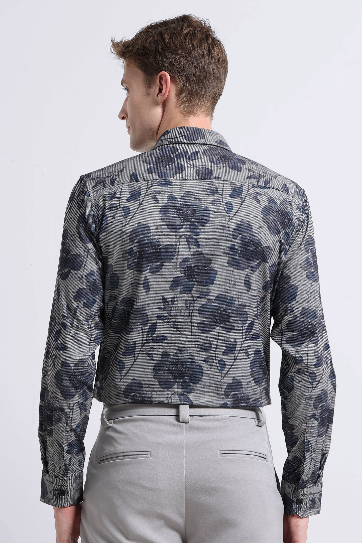Contemporary Printed Cotton Blend Shirt Grey Blue