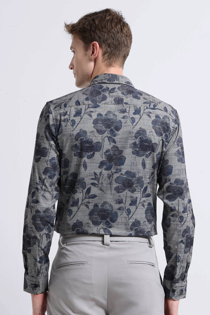 Contemporary Printed Cotton Blend Shirt Grey Blue