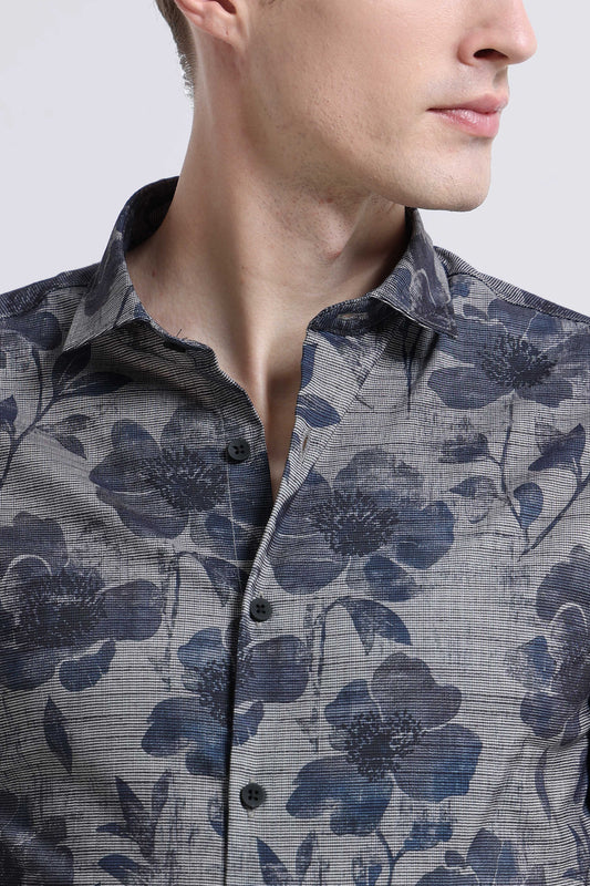 Contemporary Printed Cotton Blend Shirt Grey Blue