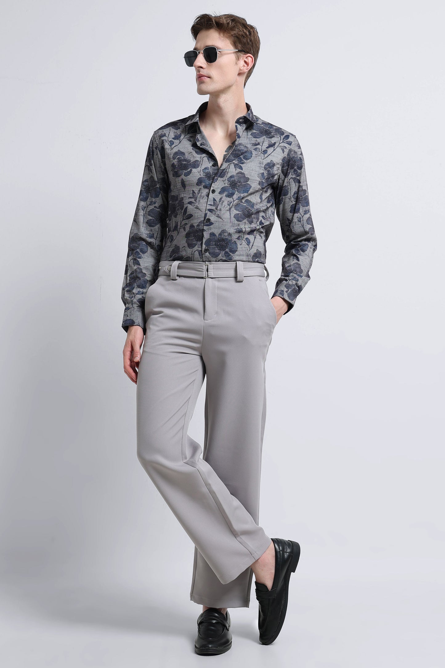 Contemporary Printed Cotton Blend Shirt Grey Blue