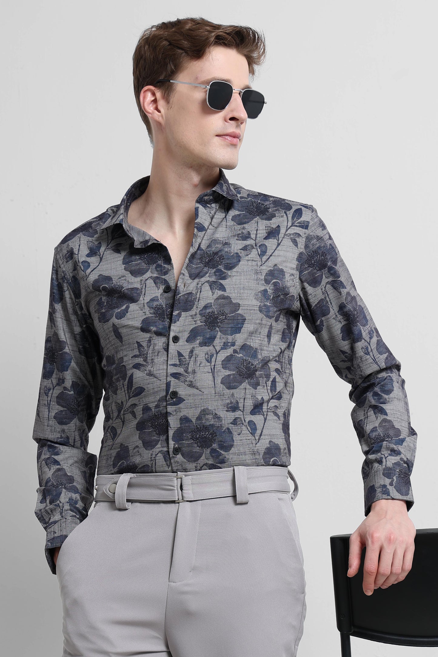 Contemporary Printed Cotton Blend Shirt Grey Blue