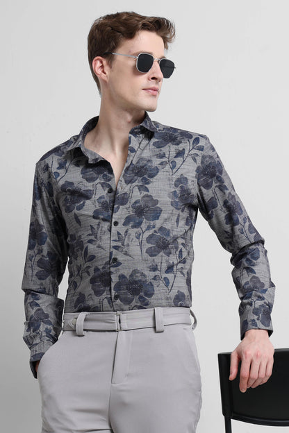 Contemporary Printed Cotton Blend Shirt Grey Blue