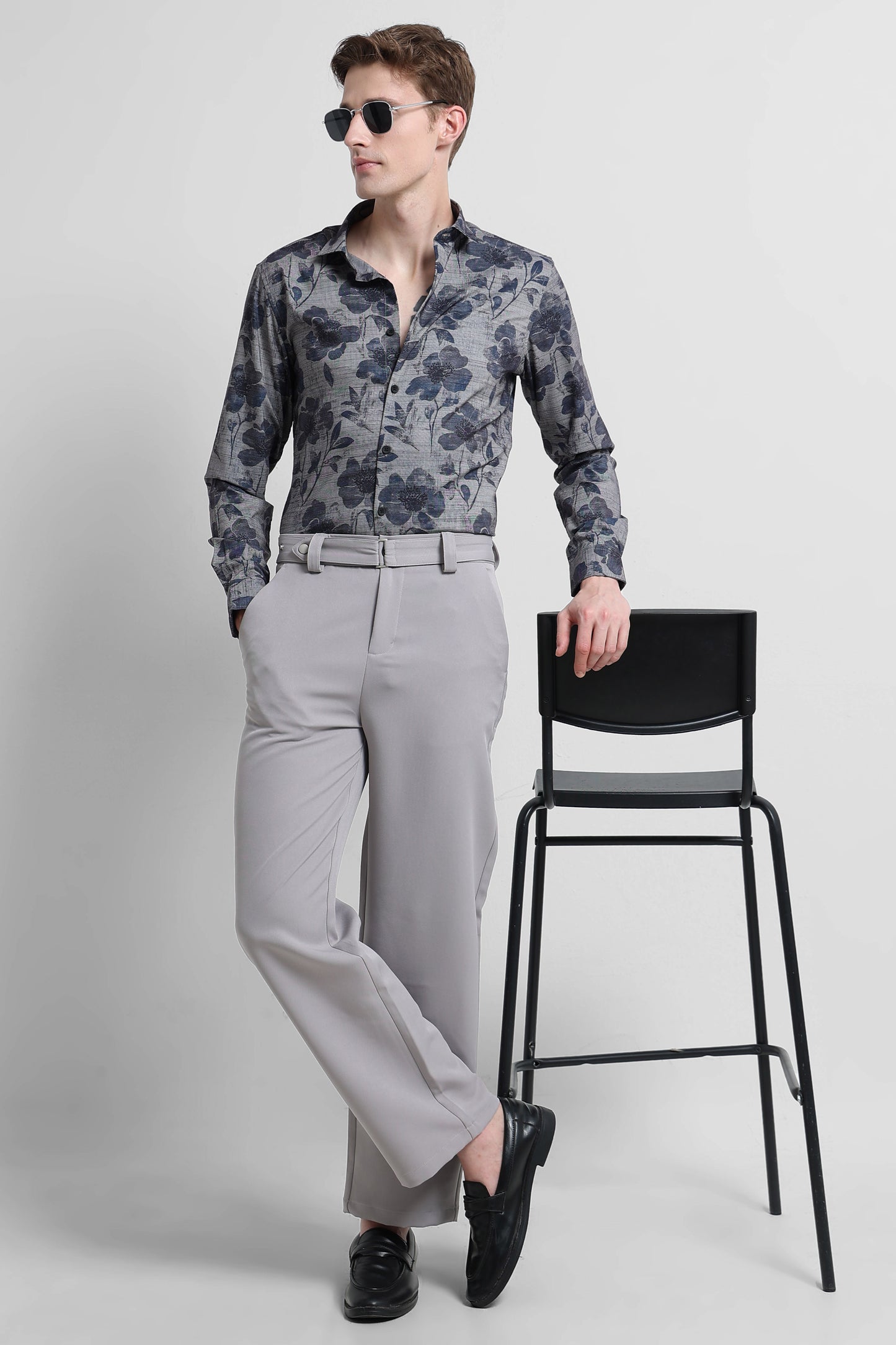 Contemporary Printed Cotton Blend Shirt Grey Blue