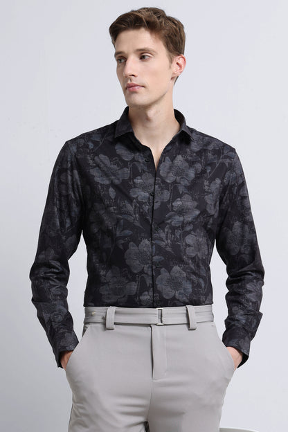 Contemporary Printed Cotton Blend Shirt Black Grey