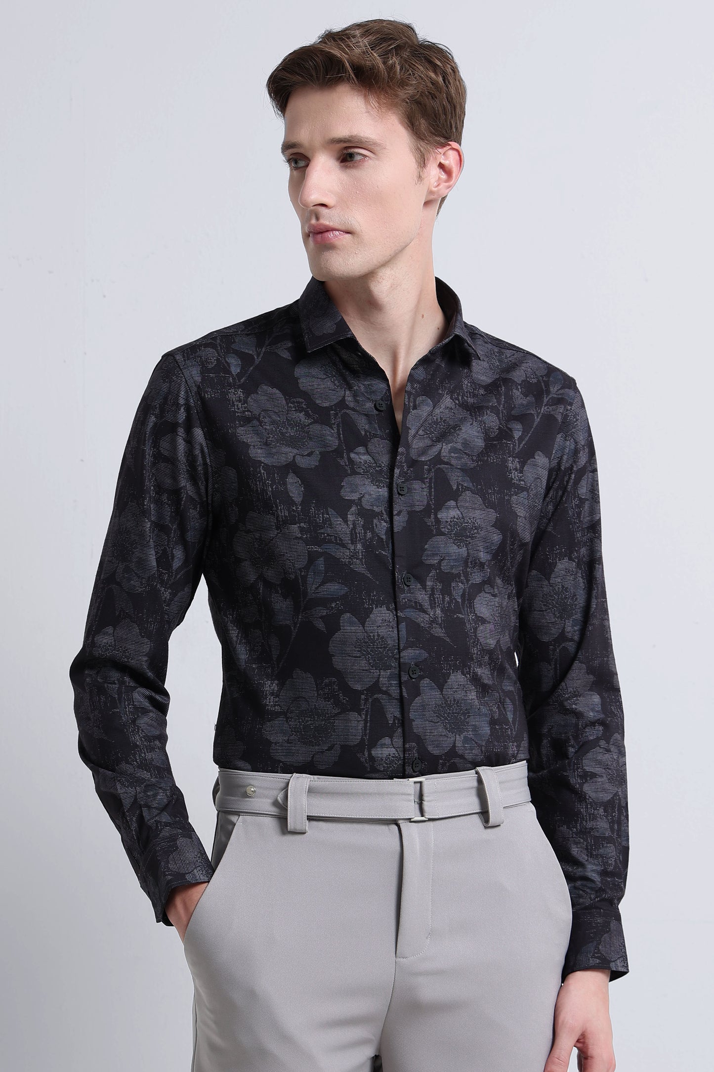 Contemporary Printed Cotton Blend Shirt Black Grey