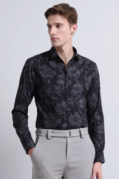 Contemporary Printed Cotton Blend Shirt Black Grey