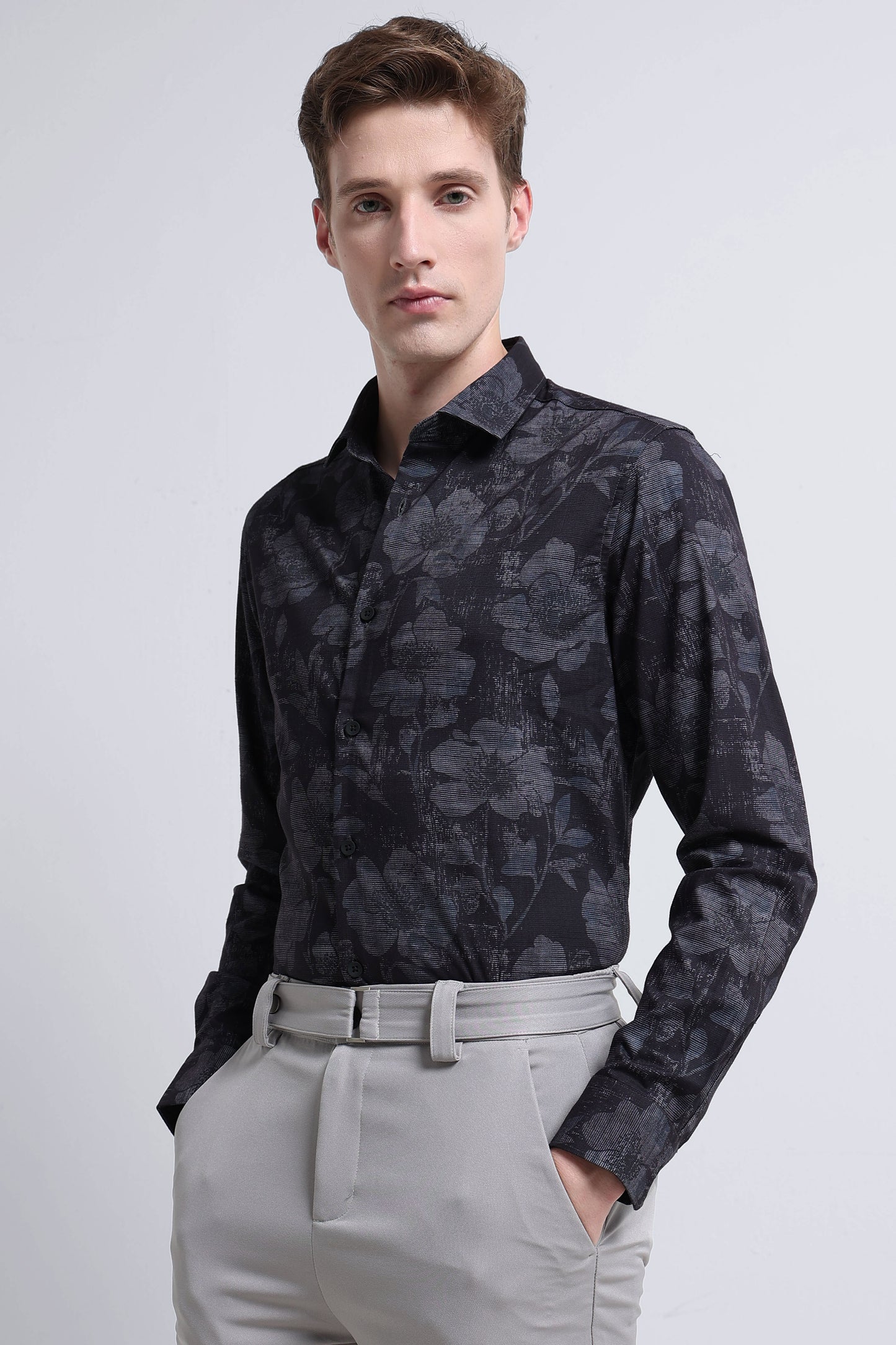 Contemporary Printed Cotton Blend Shirt Black Grey