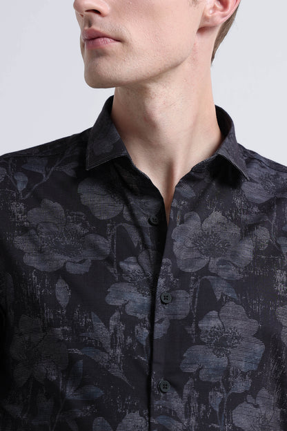Contemporary Printed Cotton Blend Shirt Black Grey