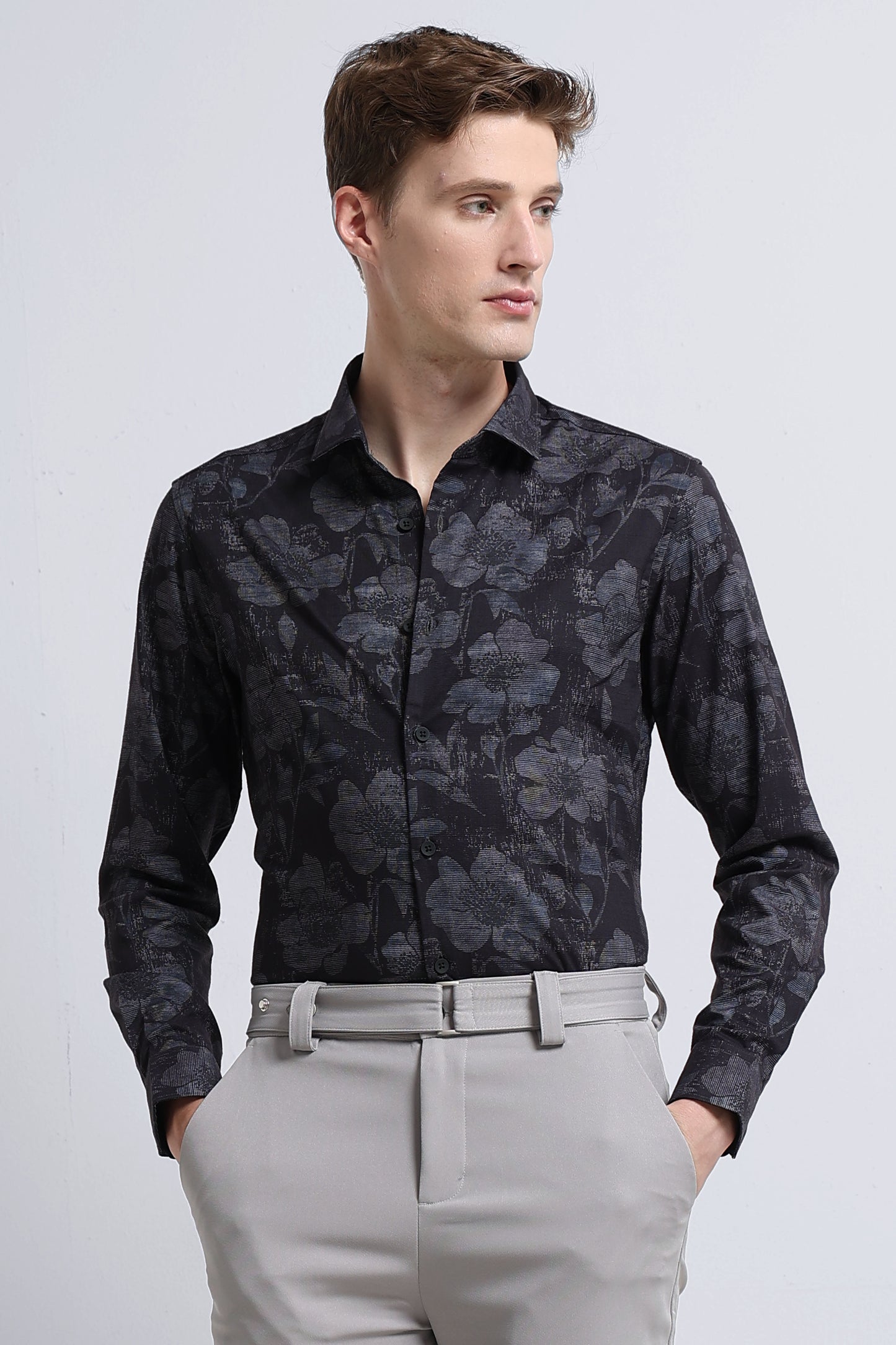 Contemporary Printed Cotton Blend Shirt Black Grey
