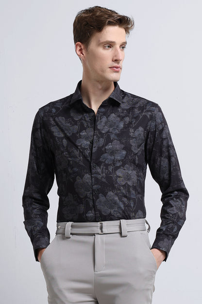 Contemporary Printed Cotton Blend Shirt Black Grey
