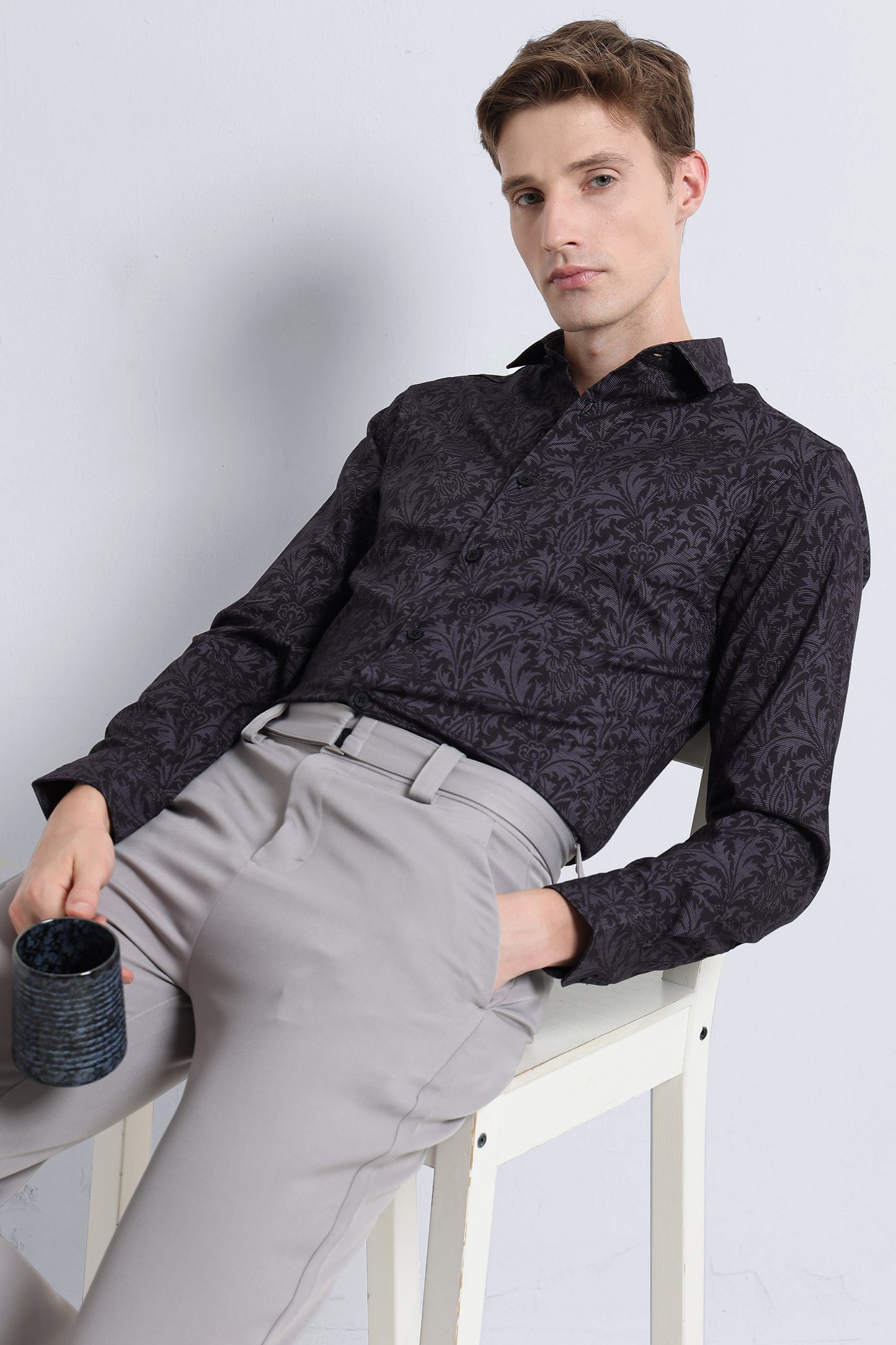 Contemporary Printed Cotton Blend Shirt Grey Black