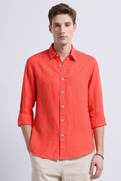 Classic Slim Fit Pure Linen Shirt Dark Peach