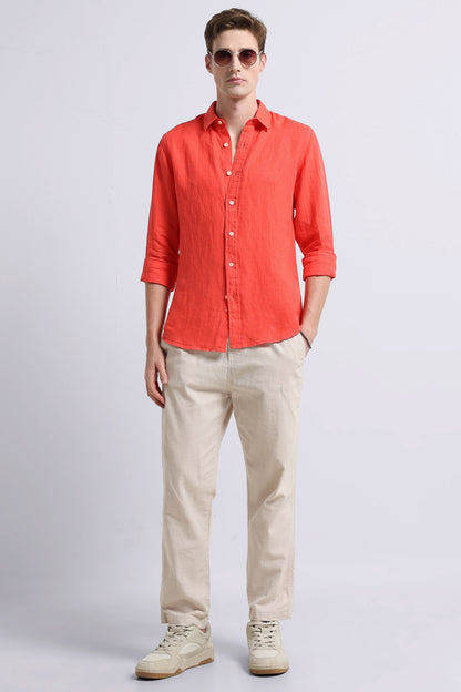 Classic Slim Fit Pure Linen Shirt Dark Peach