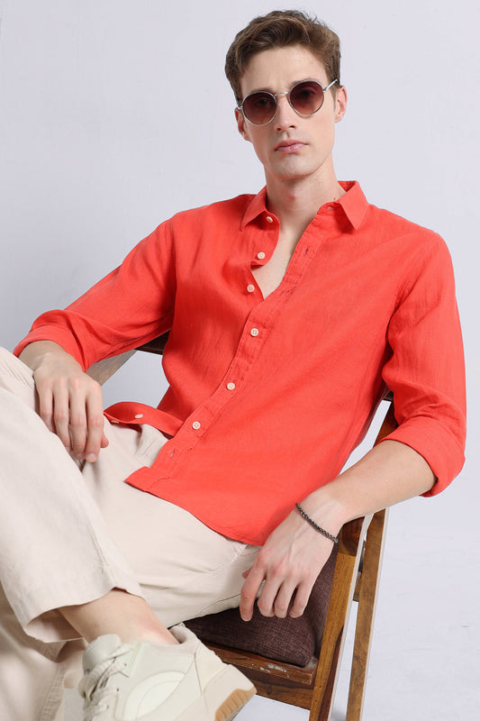 Classic Slim Fit Pure Linen Shirt Dark Peach
