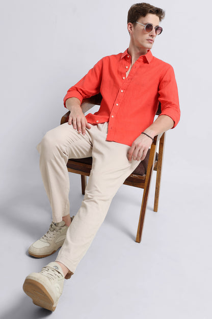 Classic Slim Fit Pure Linen Shirt Dark Peach