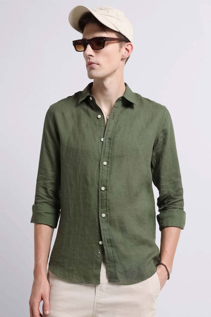 Classic Slim Fit Pure Linen Shirt Olive