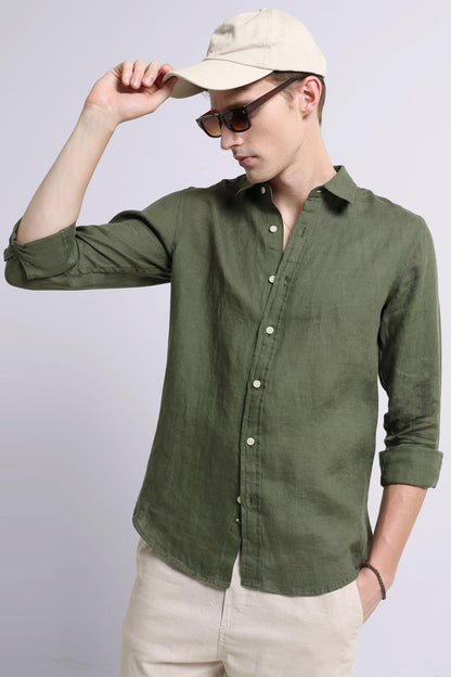 Classic Slim Fit Pure Linen Shirt Olive