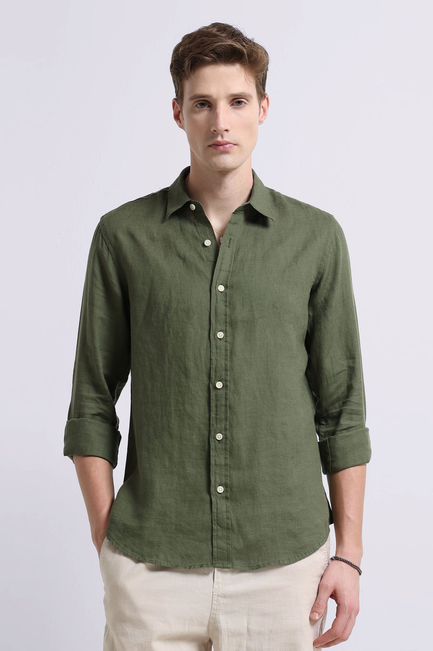 Classic Slim Fit Pure Linen Shirt Olive