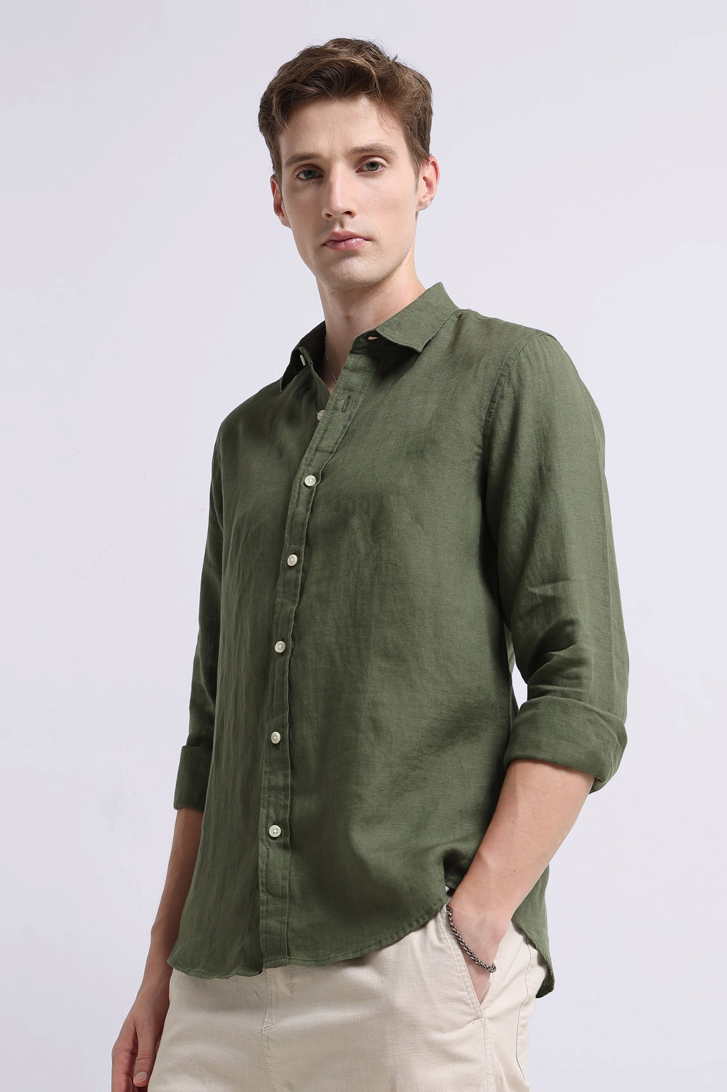 Classic Slim Fit Pure Linen Shirt Olive