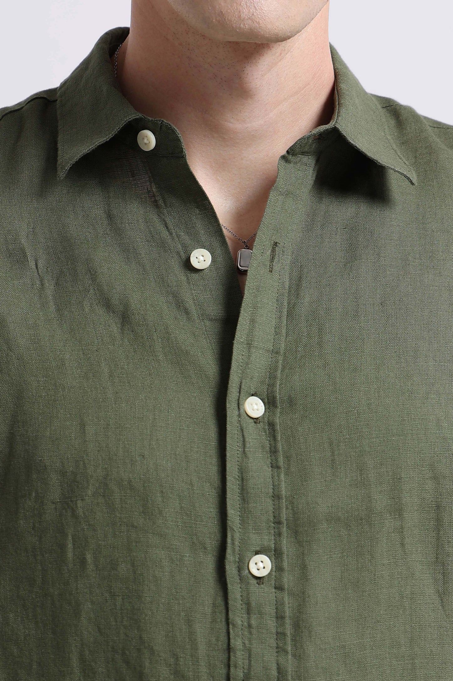 Classic Slim Fit Pure Linen Shirt Olive