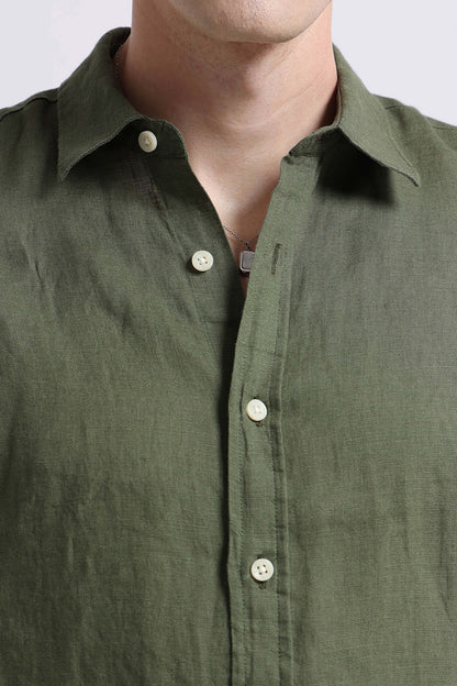 Classic Slim Fit Pure Linen Shirt Olive