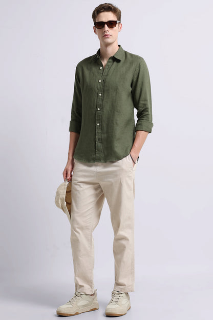 Classic Slim Fit Pure Linen Shirt Olive