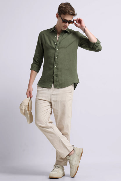 Classic Slim Fit Pure Linen Shirt Olive