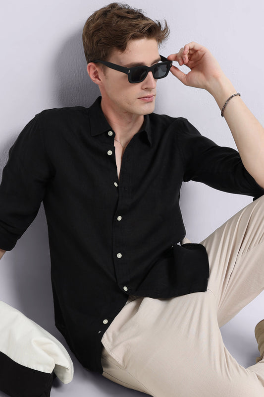 Classic Slim Fit Pure Linen Shirt Black