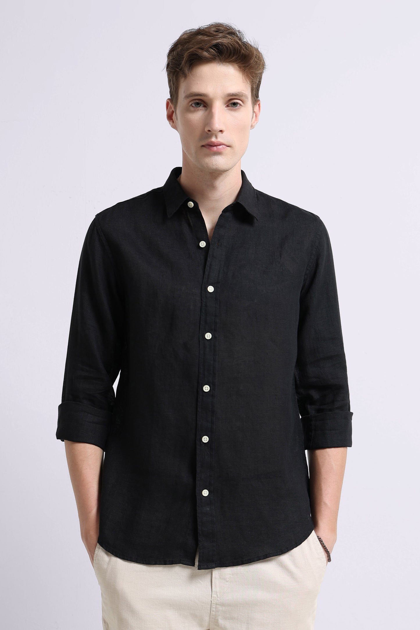 Classic Slim Fit Pure Linen Shirt Black