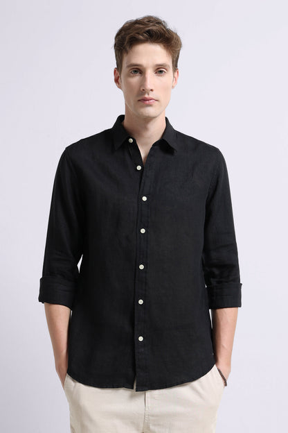 Classic Slim Fit Pure Linen Shirt Black