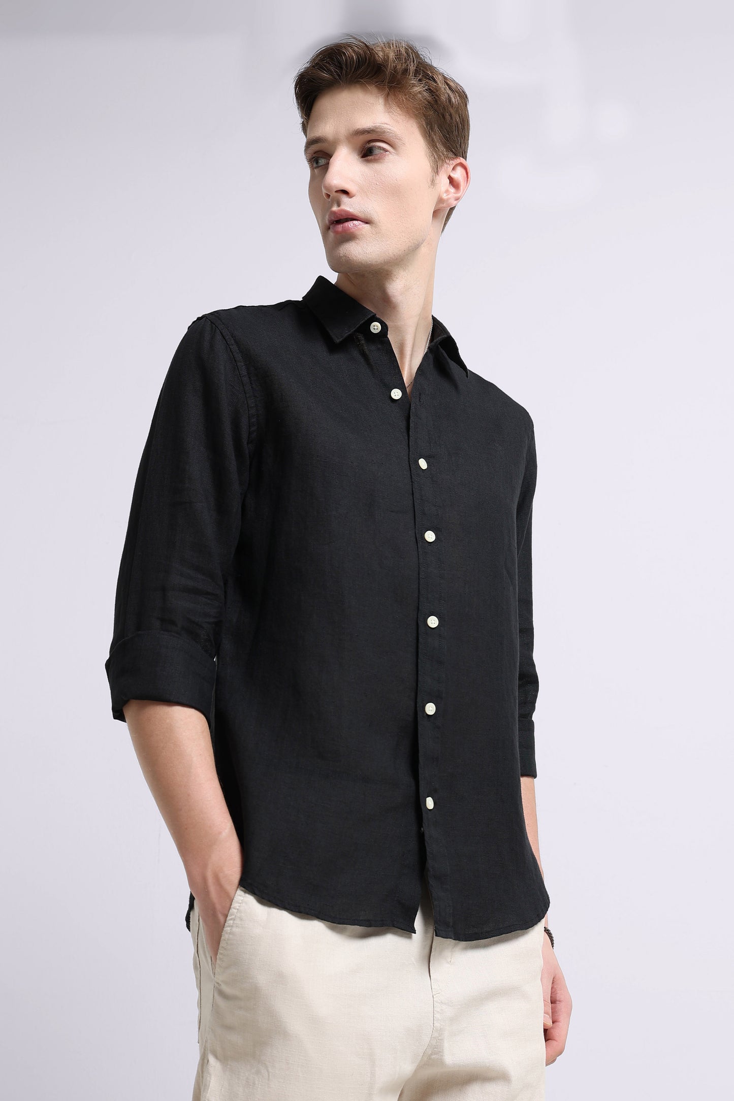 Classic Slim Fit Pure Linen Shirt Black