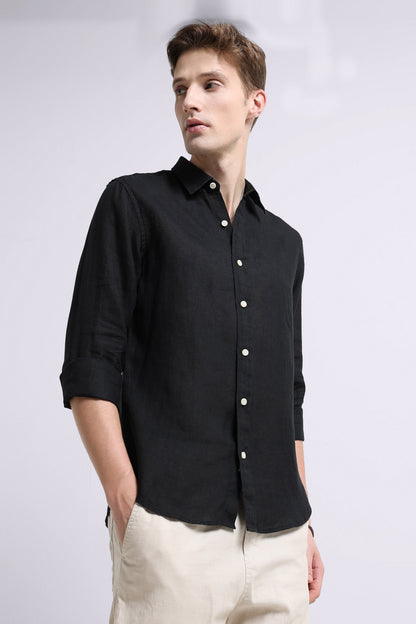 Classic Slim Fit Pure Linen Shirt Black