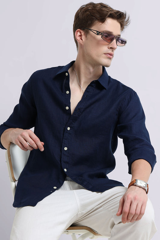 Classic Slim Fit Pure Linen Shirt Navy