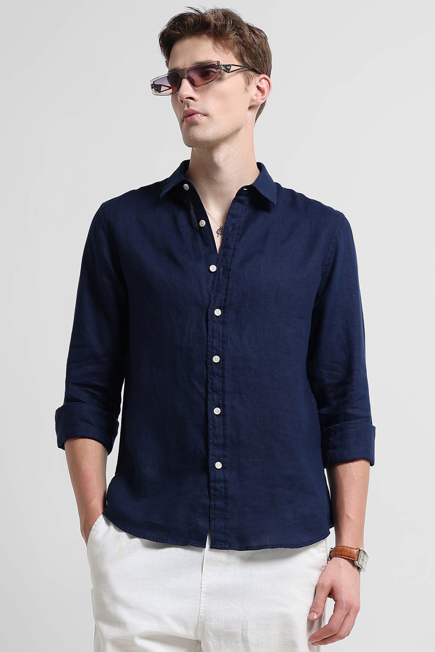Classic Slim Fit Pure Linen Shirt Navy