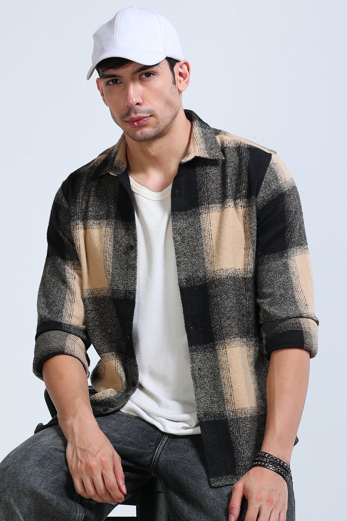 Brushing Checks Flannel Shirt Beige Green