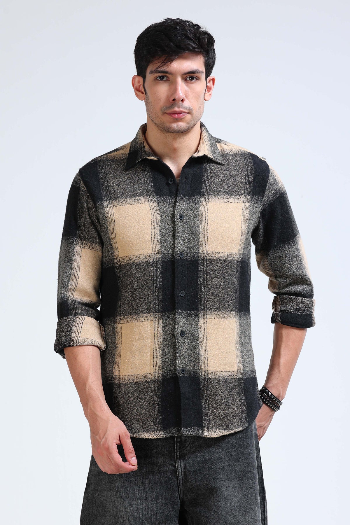 Brushing Checks Flannel Shirt Beige Green