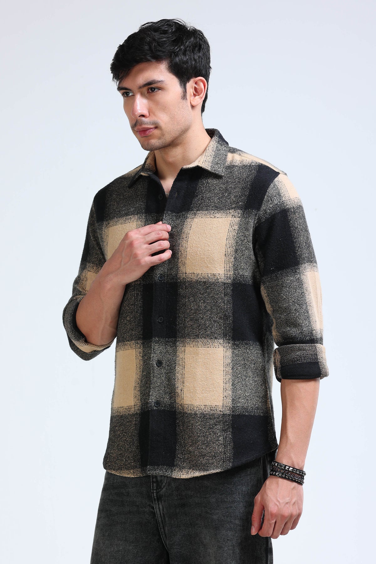 Brushing Checks Flannel Shirt Beige Green