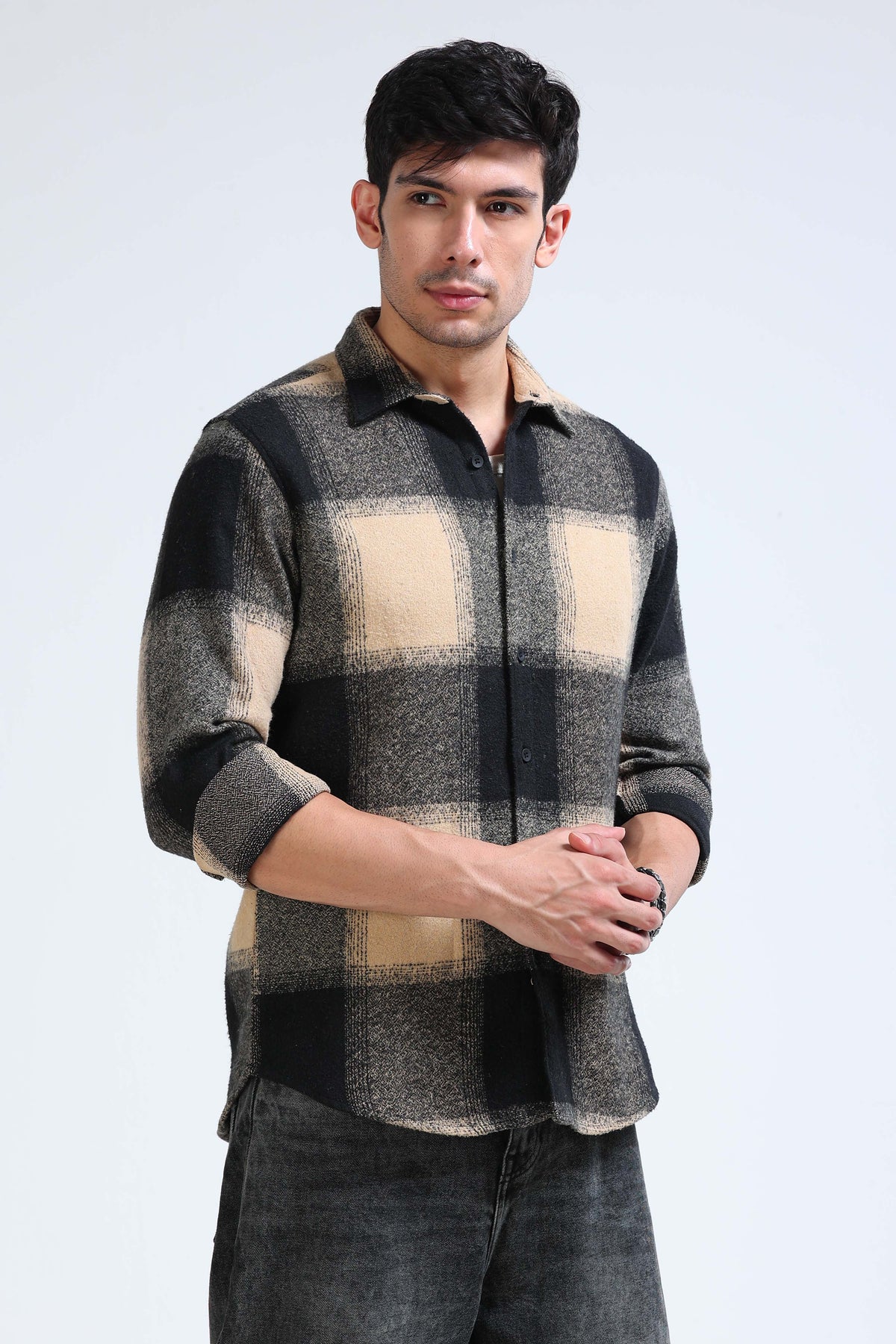 Brushing Checks Flannel Shirt Beige Green