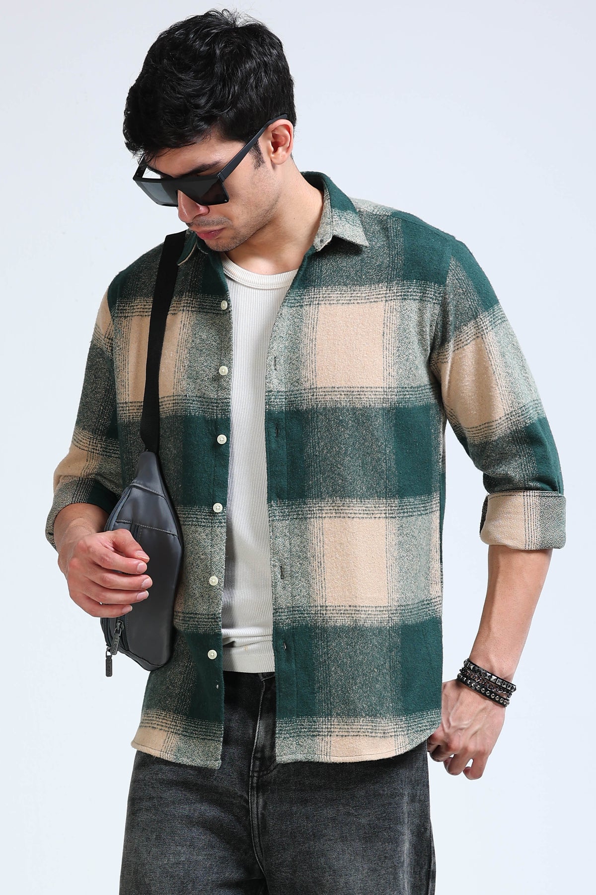 Brushing Checks Flannel Shirt Beige Green