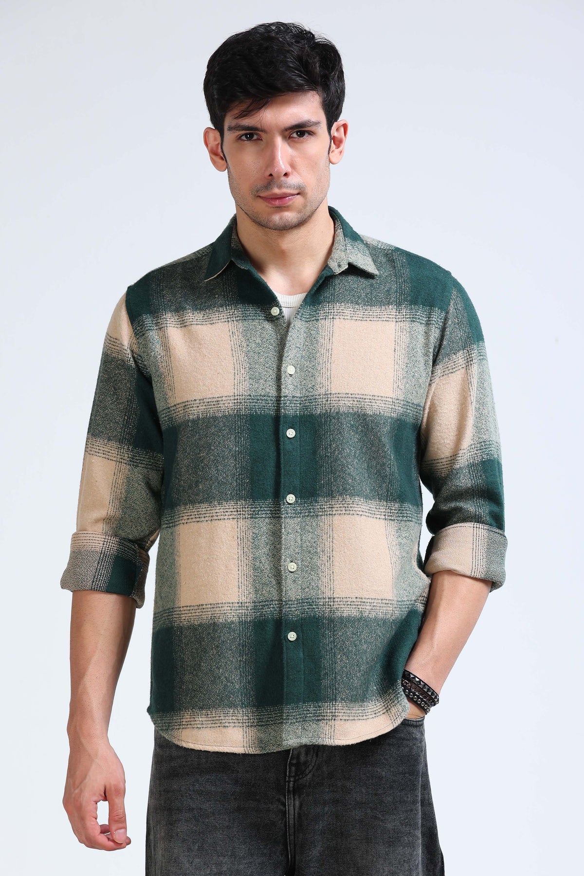 Brushing Checks Flannel Shirt Beige Green