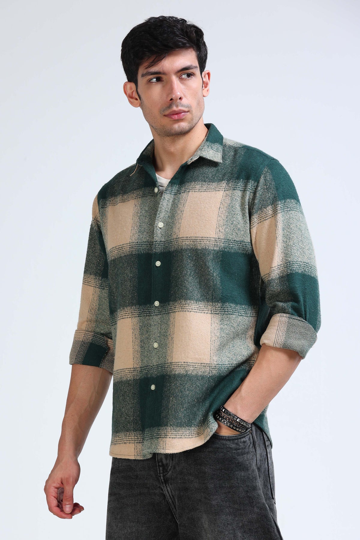 Brushing Checks Flannel Shirt Beige Green