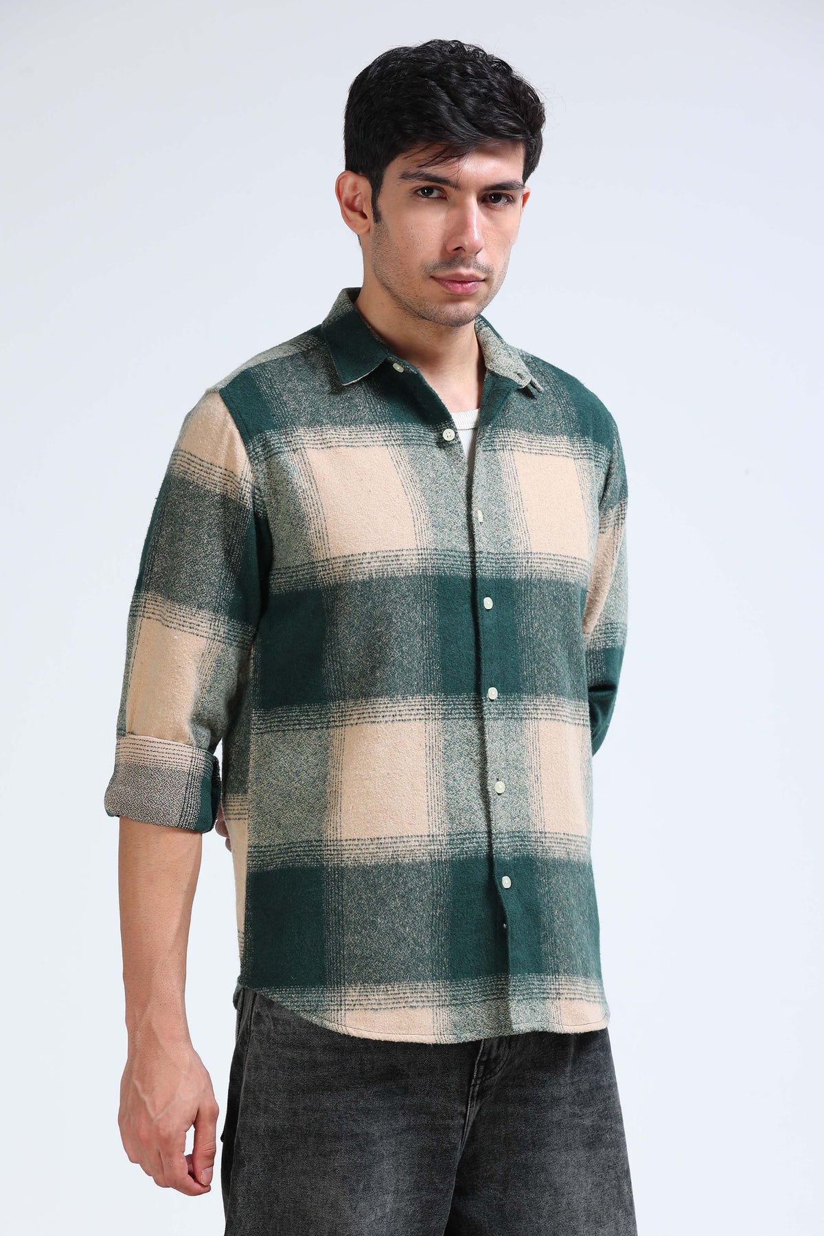 Brushing Checks Flannel Shirt Beige Green