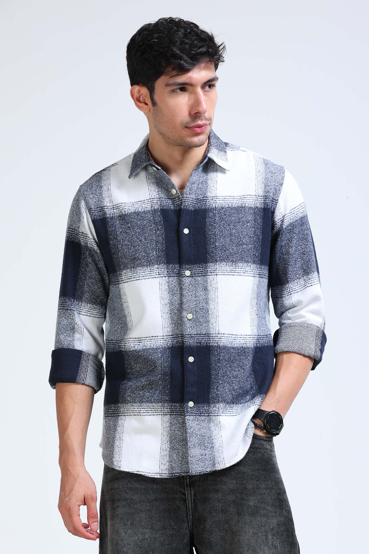 Brushing Checks Flannel Shirt Navy