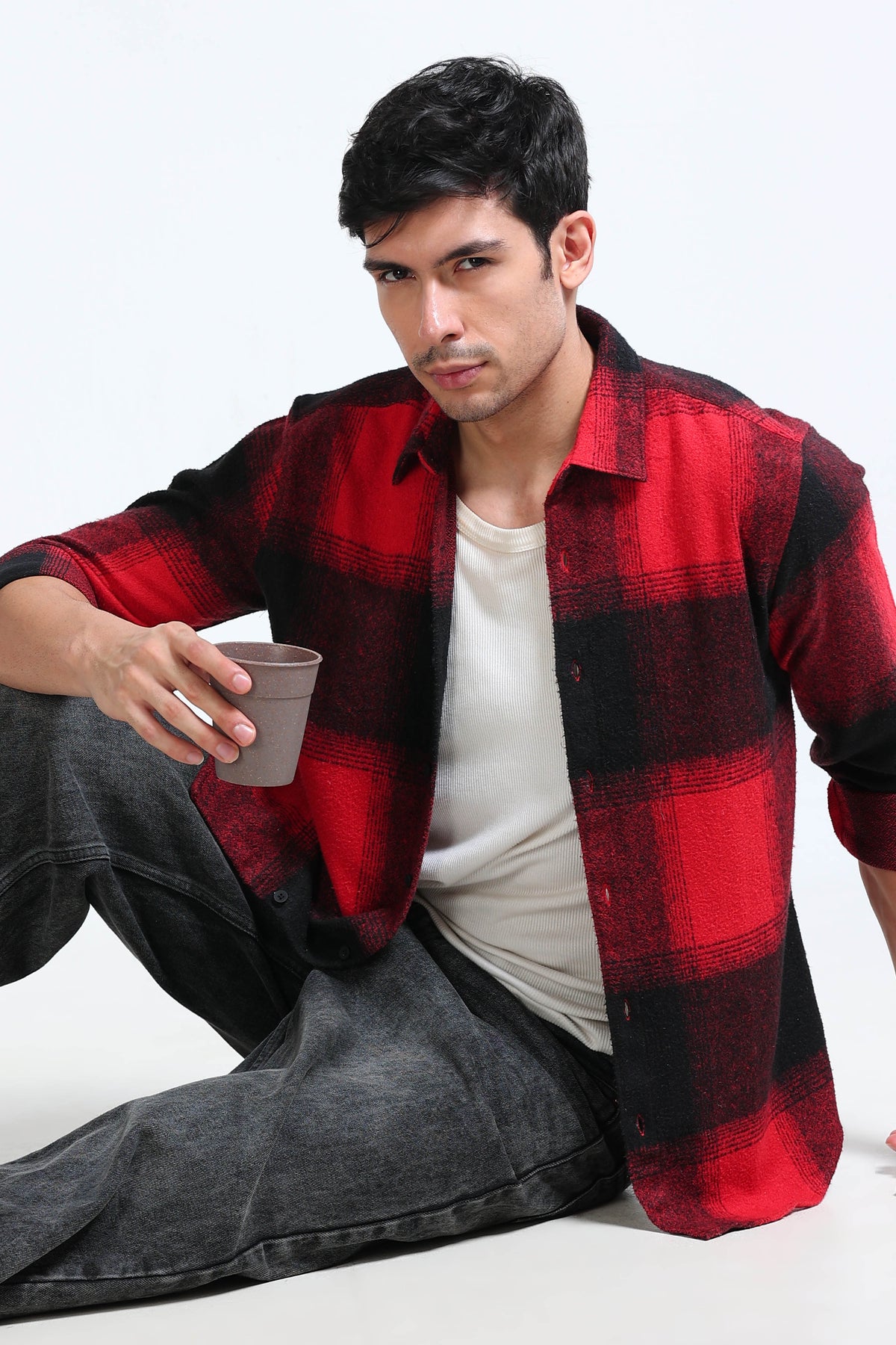 Brushing Checks Flannel Shirt Red
