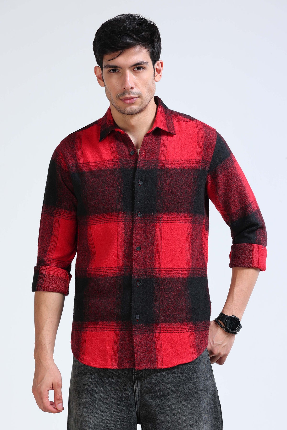 Brushing Checks Flannel Shirt Red