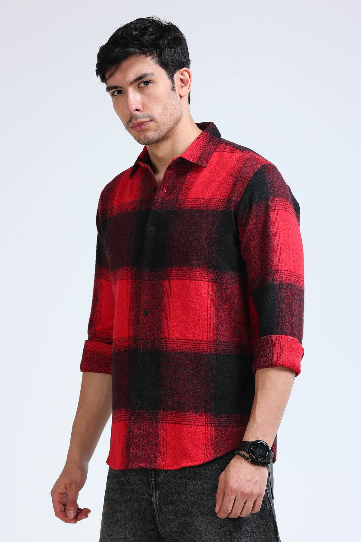 Brushing Checks Flannel Shirt Red