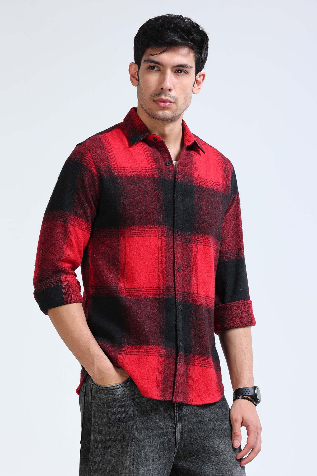Brushing Checks Flannel Shirt Red