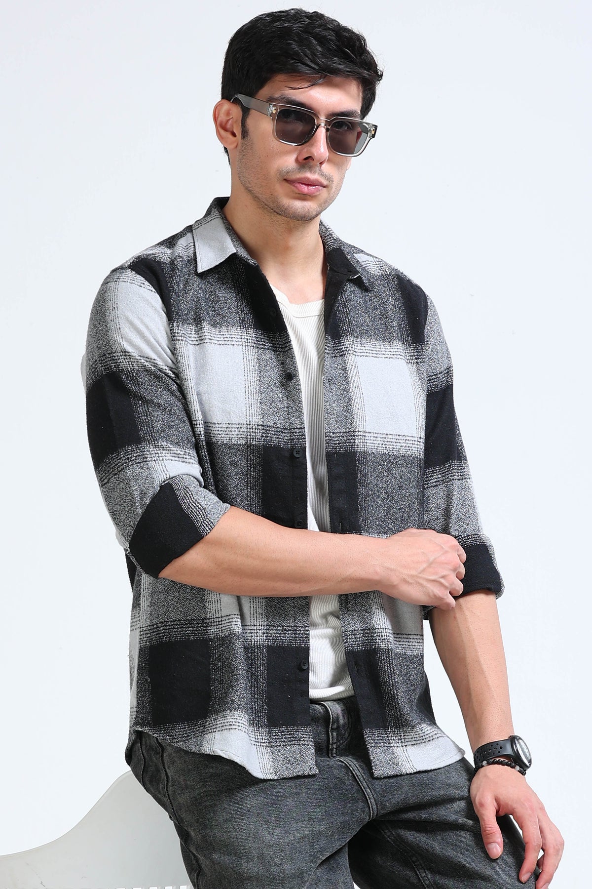 Brushing Checks Flannel Shirt Grey Black