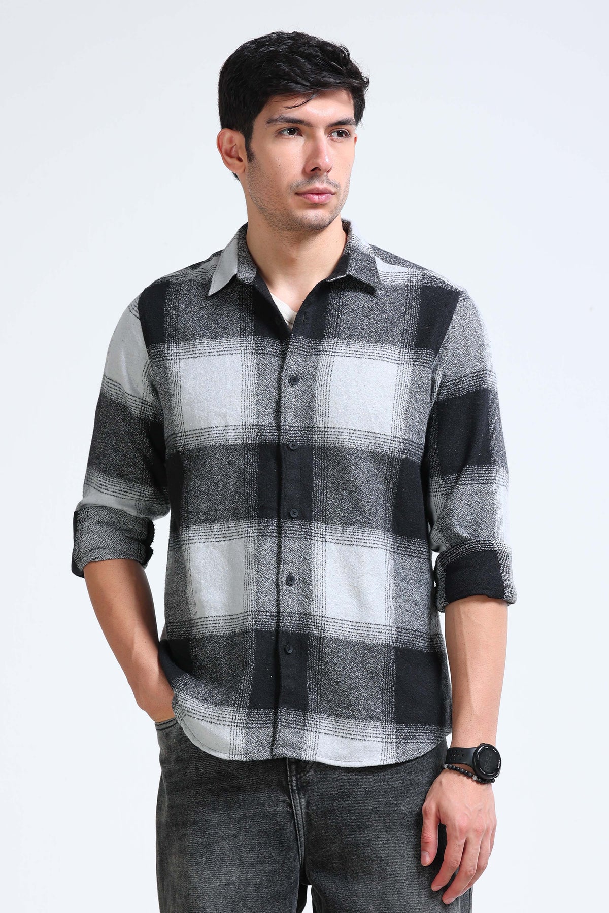 Brushing Checks Flannel Shirt Grey Black